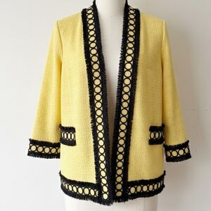 Misook Yellow Tweed Black Fringe Trim Jacket Open Front Y2K Lux Parisian Sz L